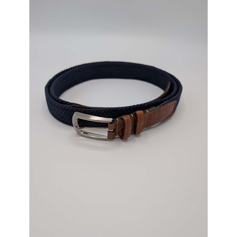 Torino Blue Woven Cotton Web Stretch Belt Brown Leather Accents Size 52
